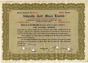 Abbeville Gold Mines Ltd share certificate (500 shares) dated Jan 29 1938 (size 11x8)