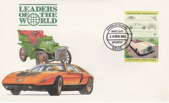 Nevis 1985 $3 Rolls Royce Corniche (1971) imperf se-tenant pair on illustrated cover with first day cancel (as SG 263a) very few imperfs are known on cover, stamps on cars, stamps on rolls royce
