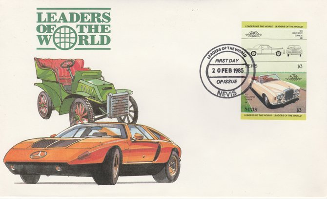 Nevis 1985 $3 Rolls Royce Corniche (1971) imperf se-tenant pair on illustrated cover with first day cancel (as SG 263a) very few imperfs are known on cover, stamps on , stamps on  stamps on cars, stamps on rolls royce