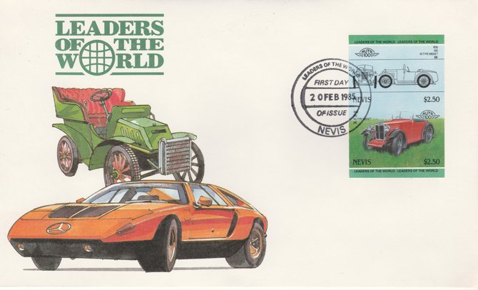 Nevis 1985 $2.50 MG Midget (1930) imperf se-tenant pair on illustrated cover with first day cancel (as SG 261a) very few imperfs are known on cover, stamps on , stamps on  stamps on cars, stamps on  stamps on  mg , stamps on  stamps on 