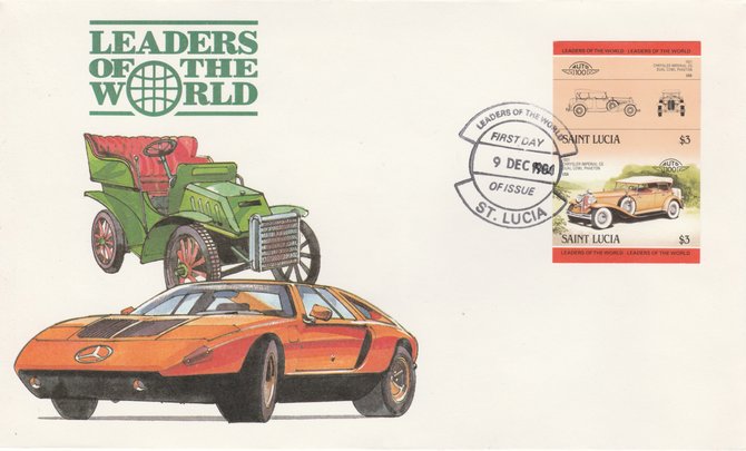 St Lucia 1984 Cars #2 (Leaders of the World) $3 Chrysler Imperial (1931) imperf se-tenant pair on illustrated cover with first day cancel (as SG 759a) very few imperfs are known on cover, stamps on cars, stamps on chrysler