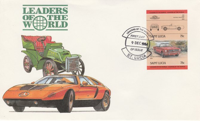 St Lucia 1984 Cars #2 (Leaders of the World) 75c Ford Mustang (1965) imperf se-tenant pair on illustrated cover with first day cancel (as SG 753a) very few imperfs are known on cover, stamps on cars, stamps on ford