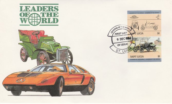 St Lucia 1984 Cars #2 (Leaders of the World) $1 Ford Model 'T' (1914) imperf se-tenant pair on illustrated cover with first day cancel (as SG 755a) very few imperfs are known on cover, stamps on , stamps on  stamps on cars, stamps on ford