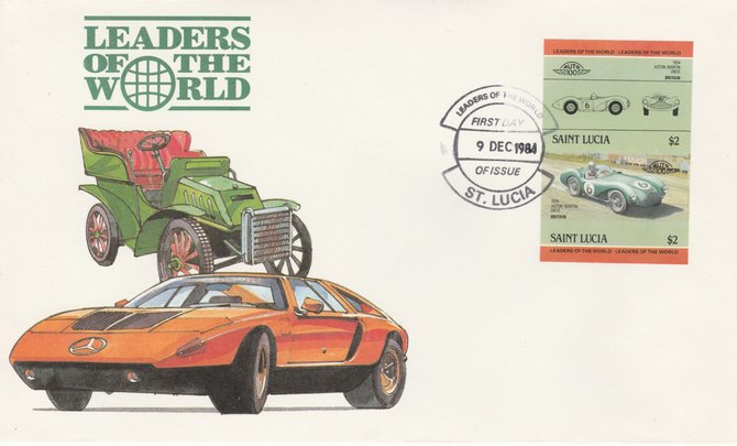 St Lucia 1984 Cars #2 (Leaders of the World) $2 Aston Martin DB3S (1954) imperf se-tenant pair on illustrated cover with first day cancel (as SG 757a) very few imperfs are known on cover, stamps on cars, stamps on aston martin