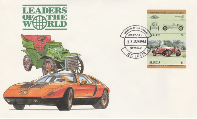 St Lucia 1984 Cars #1 (Leaders of the World) $1 Alfa Romeo (1930) imperf se-tenant pair on illustrated cover with first day cancel (as SG 707a) very few imperfs are known on cover, stamps on , stamps on  stamps on cars, stamps on  stamps on alfa romeo