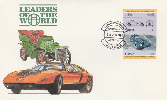 St Lucia 1984 Cars #1 (Leaders of the World) 5c Bugatti Type 57SC (1939) imperf se-tenant pair on illustrated cover with first day cancel (as SG 703a) very few imperfs are known on cover, stamps on , stamps on  stamps on cars, stamps on  stamps on bugatti