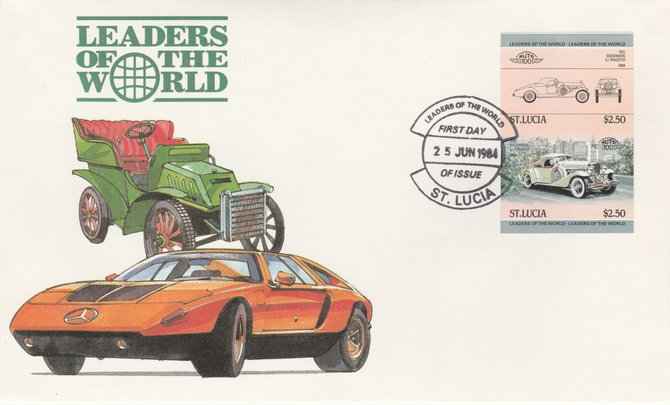 St Lucia 1984 Cars #1 (Leaders of the World) $2.50 Duesenberg 1932 SJ Roadster imperf se-tenant pair on illustrated cover with first day cancel (as SG 709a) very few impe..., stamps on cars, stamps on duesenburg