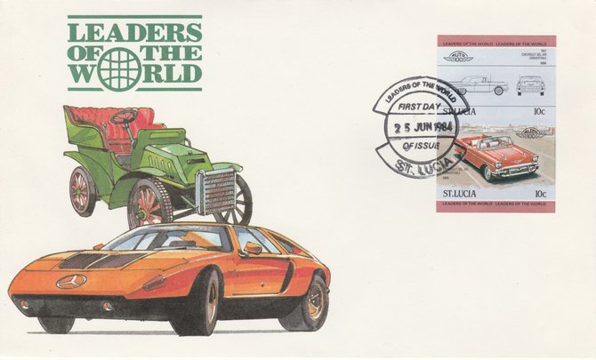 St Lucia 1984 Cars #1 (Leaders of the World) 10c Chevrolet Bel Air 1957 imperf se-tenant pair on illustrated cover with first day cancel (as SG 705a) very few imperfs are..., stamps on cars, stamps on chevrolet