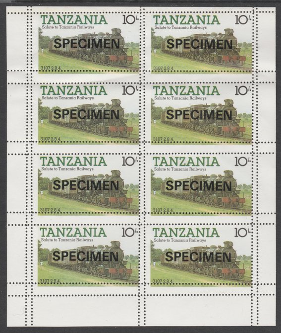 Tanzania 1985 Railways 10s in complete SPECIMEN sheet of 8 with double perforations, ex archives, slight soiling, stamps on , stamps on  stamps on tanzania 1985 railways 10s in complete specimen sheet of 8 with double perforations, stamps on  stamps on  ex archives, stamps on  stamps on  slight soiling