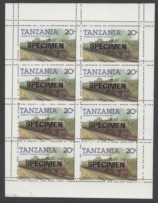 Tanzania 1985 Railways 20s in complete SPECIMEN sheet of 8 with double perforations, ex archives, slight soiling, stamps on , stamps on  stamps on tanzania 1985 railways 20s in complete specimen sheet of 8 with double perforations, stamps on  stamps on  ex archives, stamps on  stamps on  slight soiling