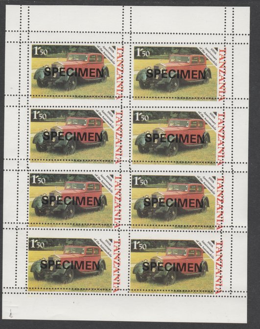 Tanzania 1986 Centenary of Motoring - Rolls Royce 1s50 in complete SPECIMEN sheet of 8 with double perforations, ex archives, stamps on , stamps on  stamps on tanzania 1986 centenary of motoring - rolls royce 1s50 in complete specimen sheet of 8 with double perforations, stamps on  stamps on  ex archives