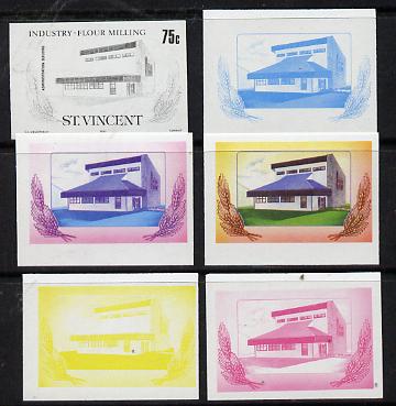 St Vincent 1985 Flour Milling 75c set of 6 imperf progressive proofs comprising the 4 individual colours plus 2 and 3-colour composites (as SG 930) unmounted mint, stamps on food  industry