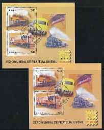 Cuba 2006 Belgica 06 Stamp Exhibition (Railways) perf m/sheet with a particularly lighter background colour, plus normal both fine cto used, stamps on railways, stamps on stamp exhibitions