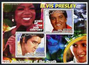 Somalia 2002 Elvis Presley 25th Anniversary of Death #02 perf sheetlet containing 2 values with Oprah Winfrey, Allen Ginsberg & Diana in background fine cto used, stamps on personalities, stamps on millennium, stamps on music, stamps on elvis, stamps on films, stamps on cinema, stamps on  tv , stamps on royalty