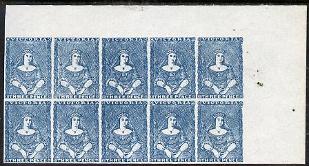 Victoria 1850 3d blue half length Jeffryes forgery unused corner block of 10, stamps on forgery, stamps on forgeries, stamps on  qv , stamps on 