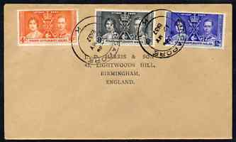 Malaya - Straits Settlements 1937 KG6 Coronation set of 3 on cover with first day cancel addressed to the forger, J D Harris.  Harris was imprisoned for 9 months after Ro...