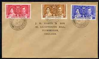 Leeward Islands 1937 KG6 Coronation set of 3 on cover with first day cancel addressed to the forger, J D Harris.  Harris was imprisoned for 9 months after Robson Lowe exposed him for applying forged first day cancels to Coronation covers (details supplied)., stamps on , stamps on  stamps on , stamps on  stamps on  kg6 , stamps on  stamps on forgery, stamps on  stamps on forger, stamps on  stamps on forgeries, stamps on  stamps on coronation