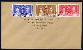 Montserrat 1937 KG6 Coronation set of 3 on cover with first day cancel addressed to the forger, J D Harris.  Harris was imprisoned for 9 months after Robson Lowe exposed him for applying forged first day cancels to Coronation covers (details supplied).