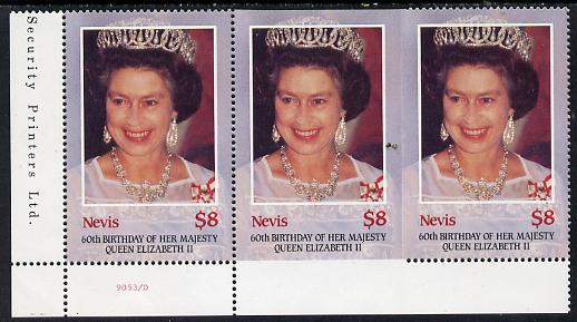 Nevis 1986 Queen's 60th Birthday $8 strip of 3, one stamp imperf on 3 sides due to comb jump SG 387var (UH A335 retail) unmounted mint, stamps on , stamps on  stamps on royalty        60th birthday