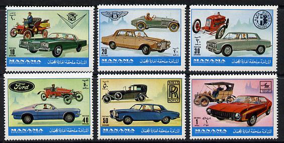 Manama 1972 Cars (Past & Present) perf set of 6 unmounted mint, Mi 946-51, stamps on , stamps on  stamps on cars, stamps on  stamps on rolls royce, stamps on  stamps on ford, stamps on  stamps on bentley, stamps on  stamps on alfa-romeo