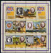Niue 1979 Rowland Hill perf sheetlet containing 10 values plus 2 labels, unmounted mint SG MS294, stamps on rowland hill, stamps on postal, stamps on stamp on stamp, stamps on ships, stamps on paddle steamers, stamps on railways, stamps on mail coaches, stamps on stamponstamp