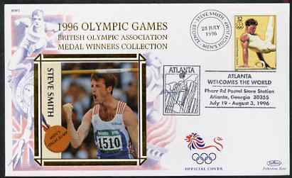 United States 1996 Atlanta Olympics 32c Men's Gymnastics on illustrated Benham silk cover (British Olympic Association showing Steve Smith) with special Atlanta cancel, SG 3201, stamps on sport, stamps on olympics, stamps on atletics, stamps on high jump, stamps on 