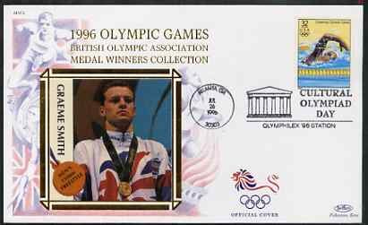 United States 1996 Atlanta Olympics 32c Swimming on illustrated Benham silk cover (British Olympic Association showing Graeme Smith) with special Atlanta cancel, stamps on sport, stamps on olympics, stamps on swimming