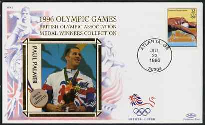 United States 1996 Atlanta Olympics 32c Swimming on illustrated Benham silk cover (British Olympic Association showing Paul Palmer) with special Atlanta cancel, stamps on , stamps on  stamps on sport, stamps on  stamps on olympics, stamps on  stamps on swimming