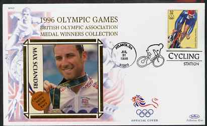 United States 1996 Atlanta Olympics 32c Mens Cycling on illustrated Benham silk cover (British Olympic Association showing Max Sciandri) with special Cycling cancel, SG 3..., stamps on sport, stamps on olympics, stamps on bicycles