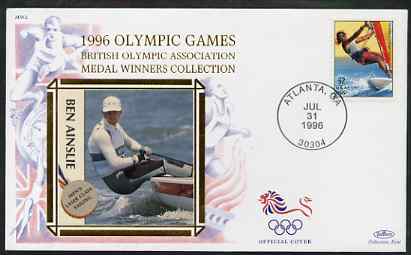 United States 1996 Atlanta Olympics 32c Sailboarding on illustrated Benham silk cover (British Olympic Association showing Ben Ainslie) with special Atlanta cancel, stamps on sport, stamps on olympics, stamps on sailing