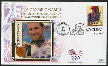 United States 1996 Atlanta Olympics 32c Show Jumping on illustrated Benham silk cover (British Olympic Association showing Max Sciandri) with special Cycling cancel, SG 3202, stamps on , stamps on  stamps on sport, stamps on  stamps on olympics, stamps on  stamps on bicycles, stamps on  stamps on horse, stamps on  stamps on show jumping