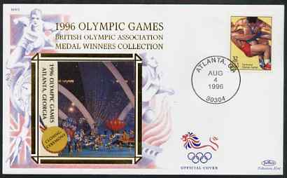 United States 1996 Atlanta Olympics 32c Wrestling on illustrated Benham silk cover (British Olympic Association showing Closing Ceremony) with special Atlanta cancel, SG 3189, stamps on sport, stamps on olympics, stamps on wrestling