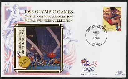 United States 1996 Atlanta Olympics 32c Wrestling on illustrated Benham silk cover (British Olympic Association showing Closing Ceremony) with special Atlanta cancel, SG ..., stamps on sport, stamps on olympics, stamps on wrestling