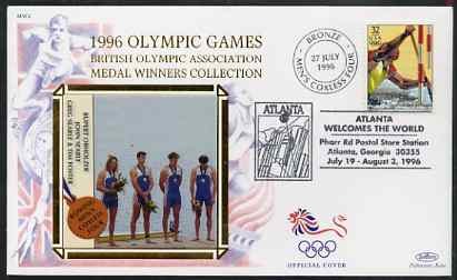 United States 1996 Atlanta Olympics 32c Canoeing on illustrated Benham silk cover (British Olympic Association showing Men's Coxless Four Team) with special Atlanta cancel, SG 3185, stamps on , stamps on  stamps on sport, stamps on  stamps on olympics, stamps on  stamps on rowing, stamps on  stamps on canoeing