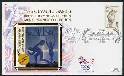 United States 1996 Centenary of Modern Olympics 32c Discus Thrower on illustrated Benham silk cover (British Olympic Association showing Opening Ceremony) with special Atlanta cancel, stamps on sport, stamps on olympics, stamps on discus, stamps on archery, stamps on 