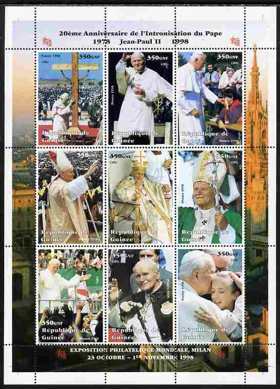 Guinea - Conakry 1998 20th Anniversary of Election of Pope John Paul II #1 perf sheetlet containing 9 values unmounted mint, stamps on , stamps on  stamps on personalities, stamps on  stamps on popes, stamps on  stamps on religion