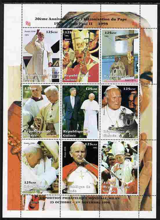 Guinea - Conakry 1998 20th Anniversary of Election of Pope John Paul II #2 perf sheetlet containing 9 values unmounted mint, stamps on , stamps on  stamps on personalities, stamps on  stamps on popes, stamps on  stamps on religion