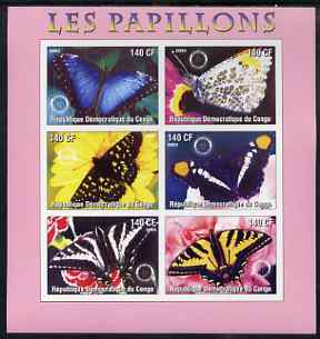 Congo 2003 Butterflies imperf sheetlet #02 (pink border) containing 6 values each with Rotary Logo, unmounted mint, stamps on , stamps on  stamps on rotary, stamps on  stamps on butterflies