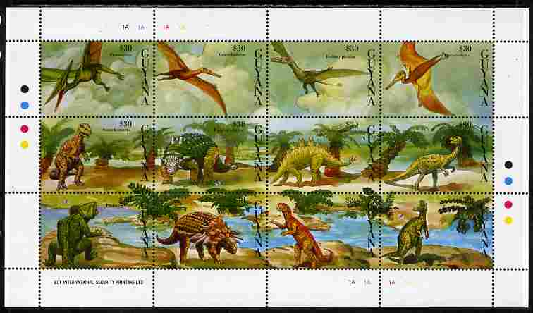Guyana 1993 Prehistoric Animals composite perf sheetlet containing 12 values unmounted mint SG 3515-26, stamps on arts, stamps on stamp exhibitions