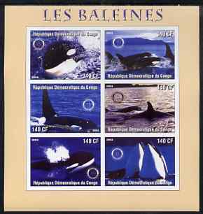 Congo 2003 Whales imperf sheetlet #01 (pink border) containing 6 values each with Rotary Logo, unmounted mint, stamps on , stamps on  stamps on rotary, stamps on  stamps on whales, stamps on  stamps on marine life