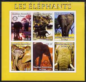 Congo 2003 Elephants imperf sheetlet #02 (yellow border) containing 6 x 135 F values each with Rotary Logo, unmounted mint, stamps on , stamps on  stamps on rotary, stamps on  stamps on animals, stamps on  stamps on elephants