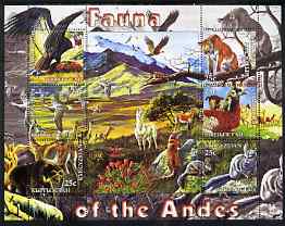 Kyrgyzstan 2004 Fauna of the World - Andes perf sheetlet containing 6 values unmounted mint, stamps on , stamps on  stamps on animals, stamps on  stamps on birds, stamps on  stamps on birds of prey, stamps on  stamps on cats, stamps on  stamps on 