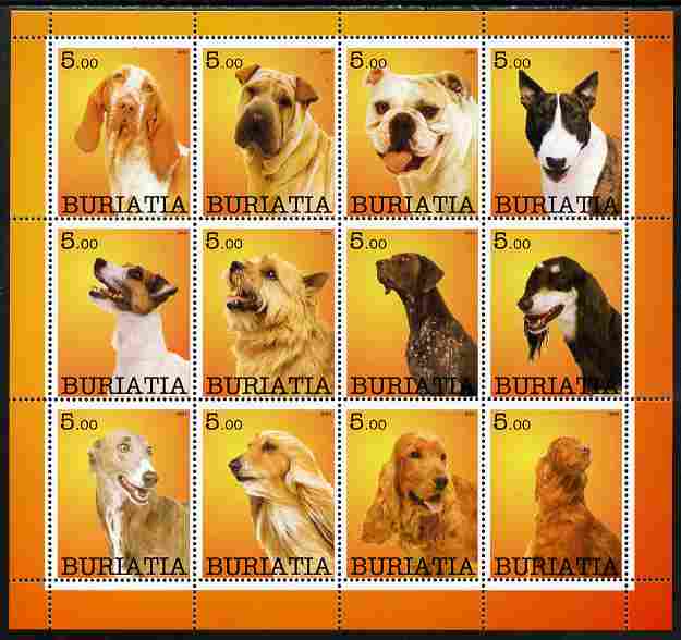 Buriatia Republic 2001 Dogs #2 (various breeds) perf sheetlet containing complete set of 12 values, unmounted mint, stamps on , stamps on  stamps on dogs