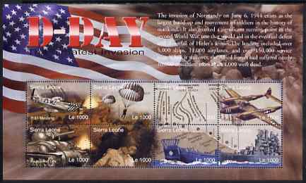 Sierra Leone 2004 60th Anniversary of D-day Landings perf m/sheet #2 containing 8 x 1000L values unmounted mint, SG MS 4267b, stamps on , stamps on  stamps on militaria, stamps on  stamps on  ww2 , stamps on  stamps on tanks, stamps on  stamps on aviation, stamps on  stamps on mustang, stamps on  stamps on parachutes, stamps on  stamps on ships