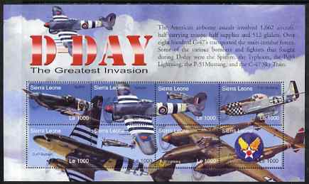 Sierra Leone 2004 60th Anniversary of D-day Landings perf m/sheet #3 containing 8 x 1000L values unmounted mint, SG MS 4267c, stamps on , stamps on  stamps on militaria, stamps on  stamps on  ww2 , stamps on  stamps on tanks, stamps on  stamps on aviation, stamps on  stamps on spitfire, stamps on  stamps on mustang, stamps on  stamps on typhoon