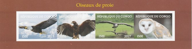 Congo 2017 Birds of Prey #1 imperf sheetlet containing 4 values unmounted mint. Note this item is privately produced and is offered purely on its thematic appeal, stamps on , stamps on  stamps on birds, stamps on  stamps on prey, stamps on  stamps on owls.eagles