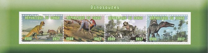 Congo 2017 Dinosaurs #1 perf sheetlet containing 4 values unmounted mint. Note this item is privately produced and is offered purely on its thematic appeal, stamps on , stamps on  stamps on dinosaurs