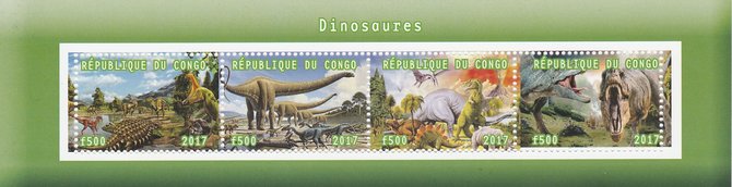 Congo 2017 Dinosaurs #2 perf sheetlet containing 4 values unmounted mint. Note this item is privately produced and is offered purely on its thematic appeal, stamps on , stamps on  stamps on dinosaurs