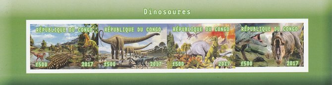 Congo 2017 Dinosaurs #2 imperf sheetlet containing 4 values unmounted mint. Note this item is privately produced and is offered purely on its thematic appeal, stamps on dinosaurs