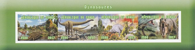 Congo 2017 Dinosaurs #2 imperf sheetlet containing 4 values unmounted mint. Note this item is privately produced and is offered purely on its thematic appeal, stamps on dinosaurs